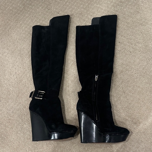 Brian Atwood Black Over the Knee Wedge Boots - Picture 3 of 10